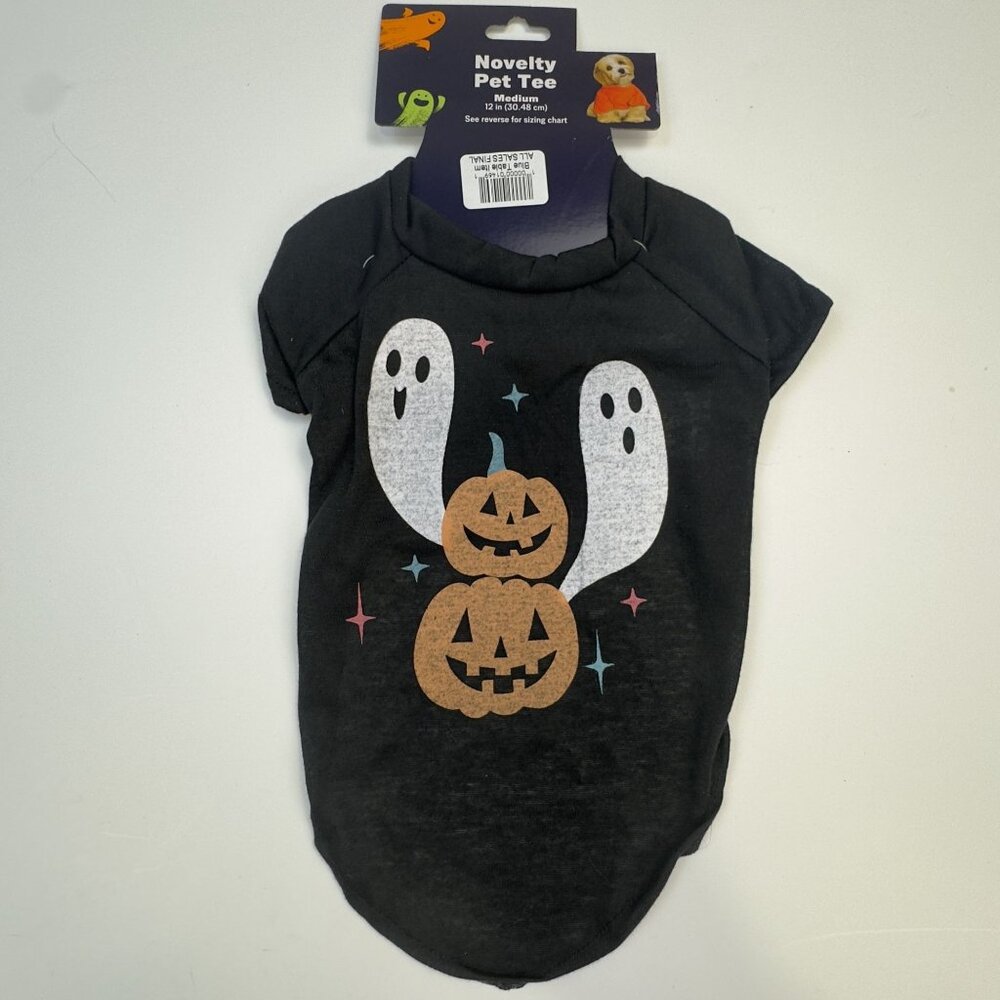 Halloween Novelty Pet Tee Medium Ghost and Pumpkin Design Black Dog Costume NEW